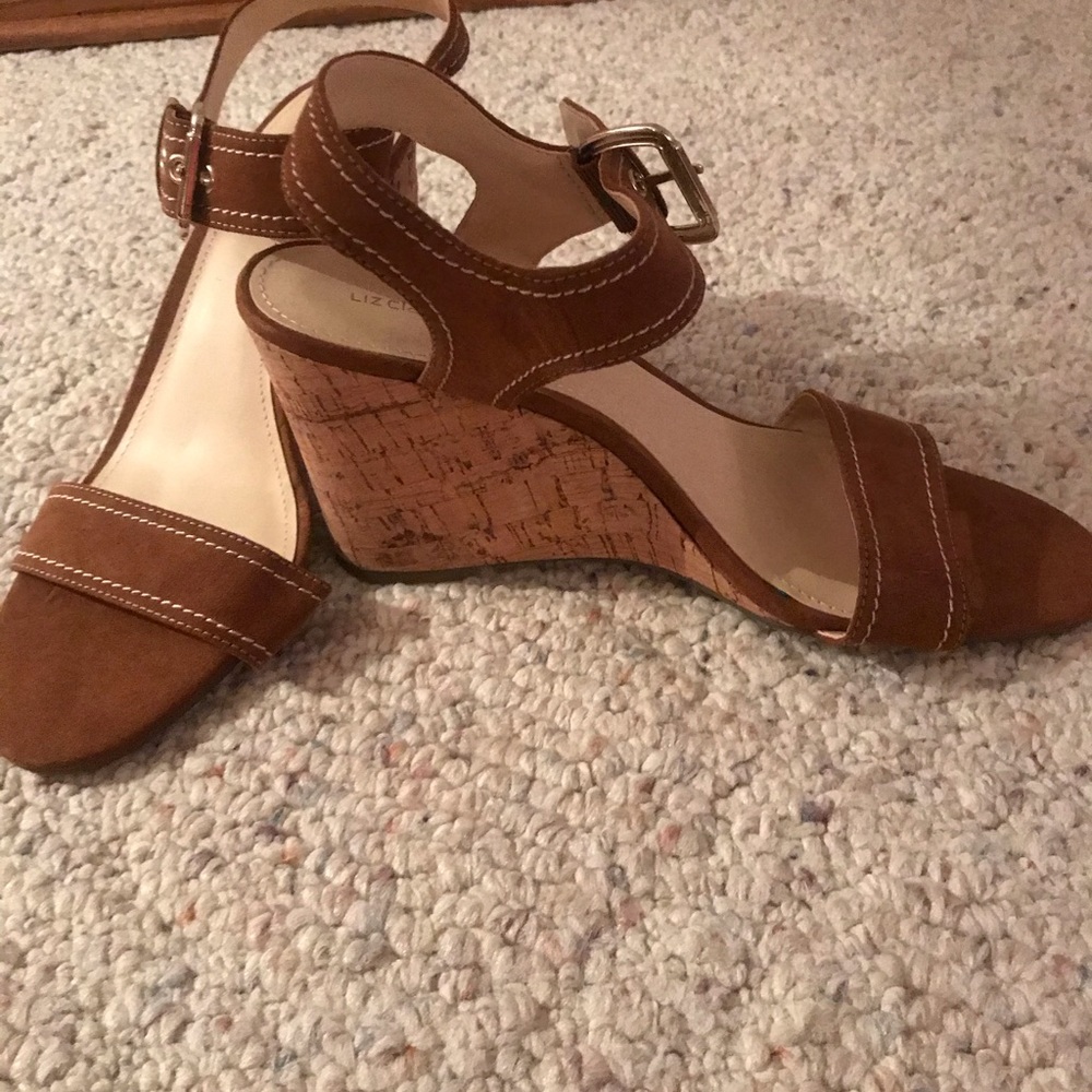 Brown suede wedges with gold buckle accents new